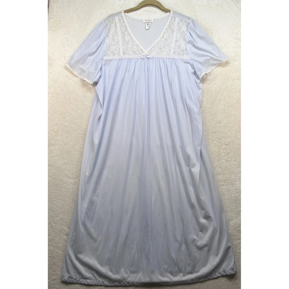 Barbizon Nightgown Womens XL Light Blue Lace Yoke Sleep Gown Full‎ Length